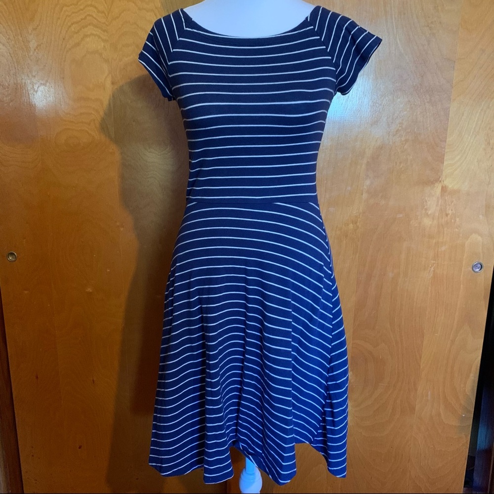 Navy Blue & White Striped Short Sleeve Dress